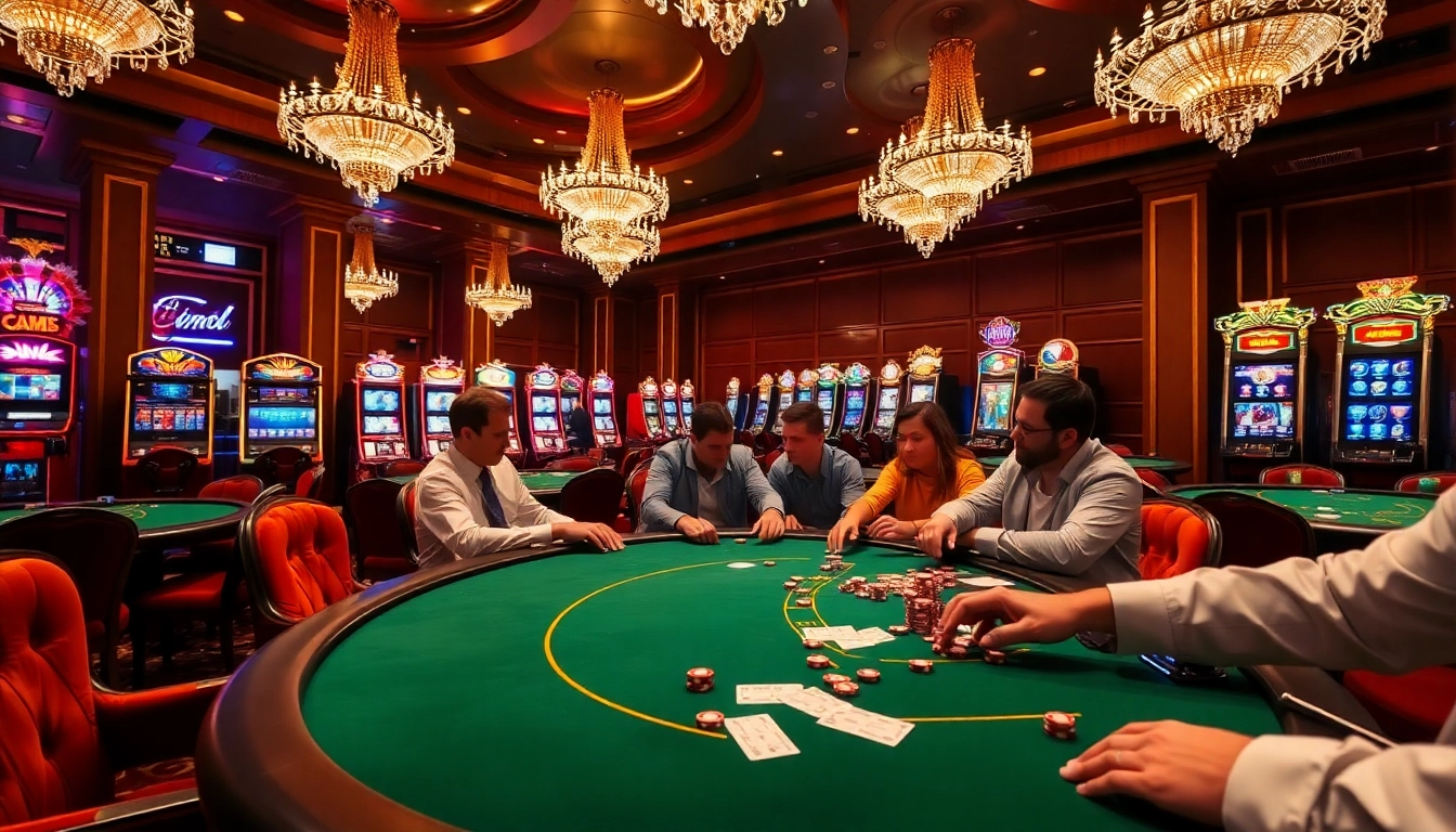The 789f best gaming experience highlighted by excited players at a luxurious casino table, showcasing poker action and vibrant slot machines.