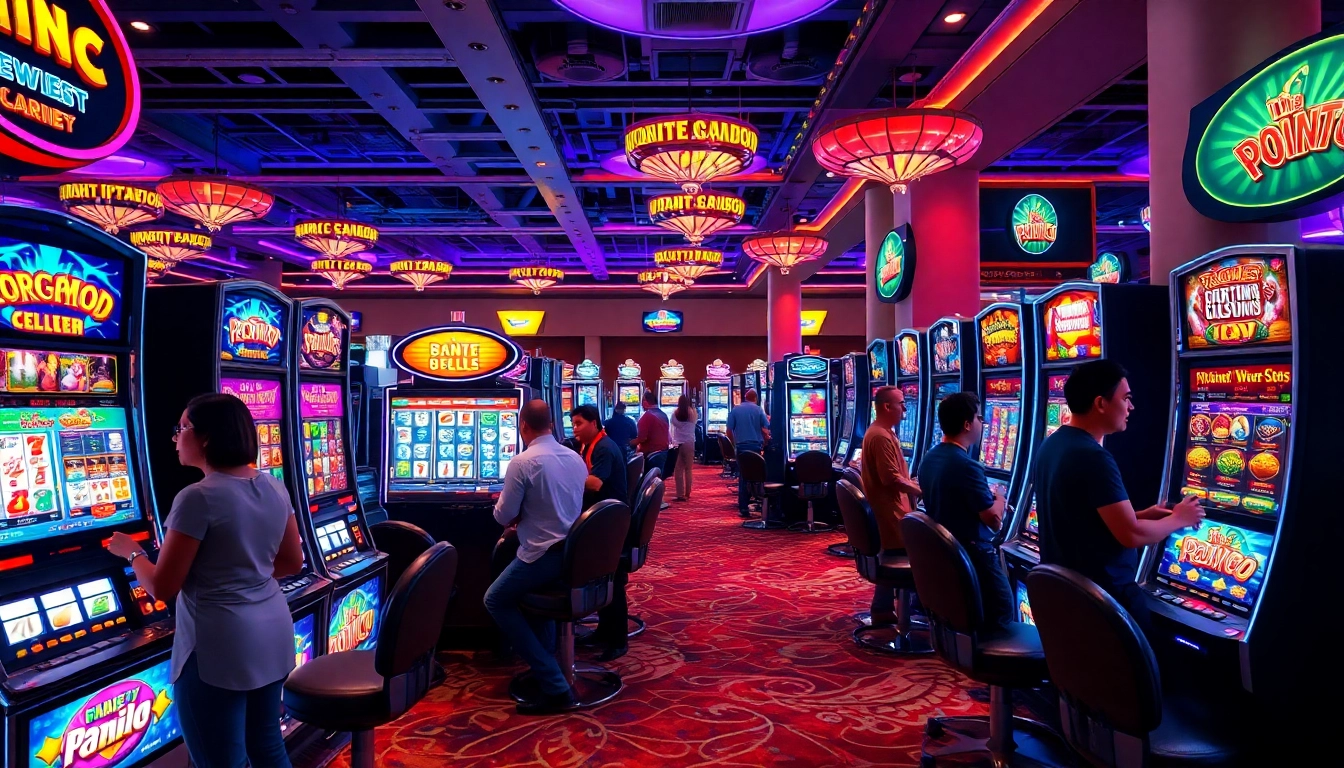 Permainan Slot Game yang menarik di kasino dengan mesin slot berwarna-warni dan pemain yang antusias.