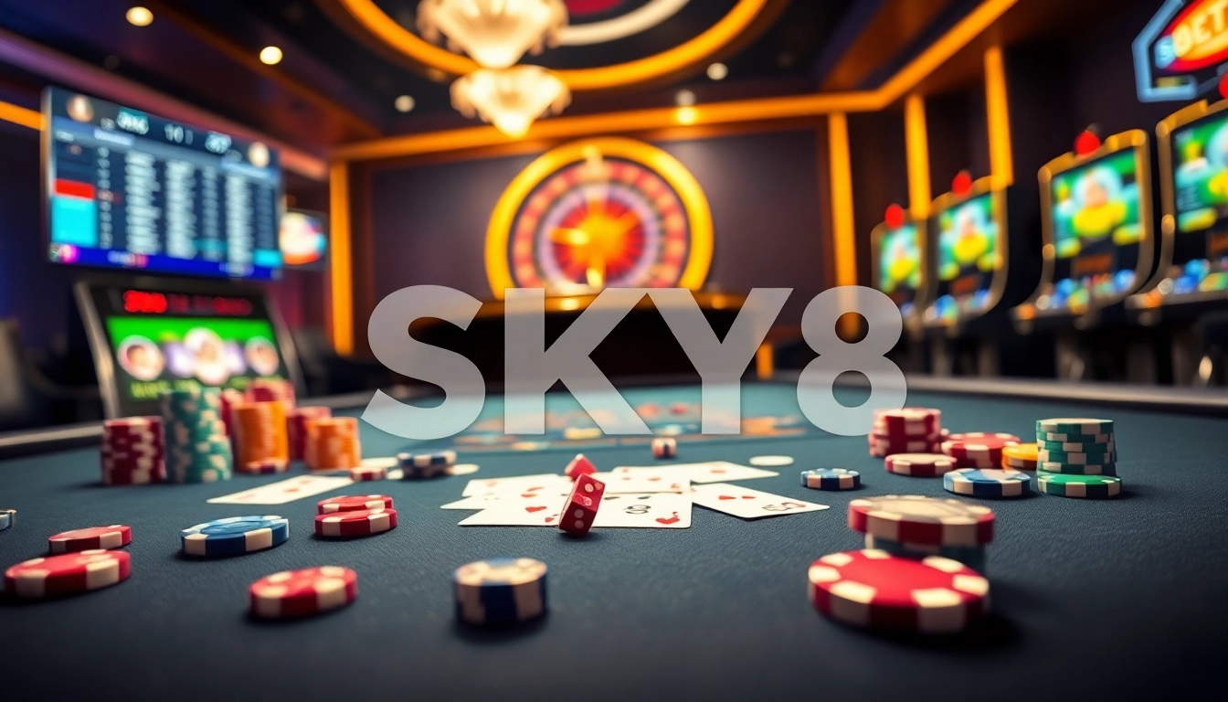 SKY88 gambling ambiance with poker chips, roulette wheel, and live betting screens.