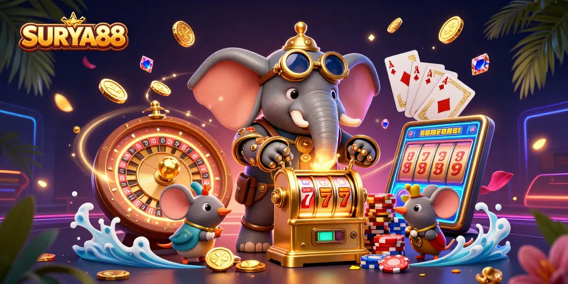 SURYA88 brings excitement to life with a steampunk elephant engineering a golden slot machine.