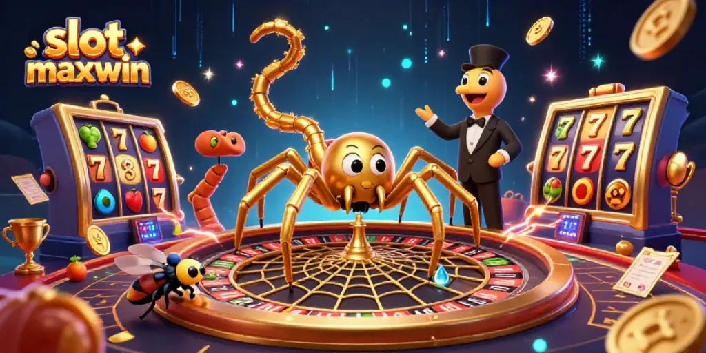 Experience the excitement of slot maxwin with a dynamic 3D casino scene featuring a golden spider and croupier.