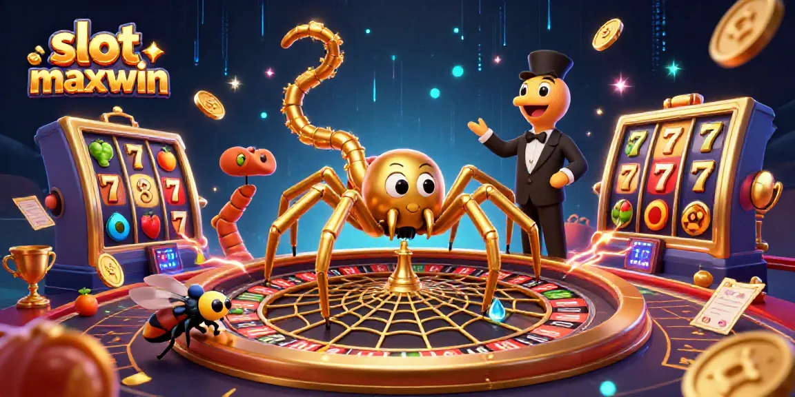 Experience the excitement of slot maxwin with a dynamic 3D casino scene featuring a golden spider and croupier.