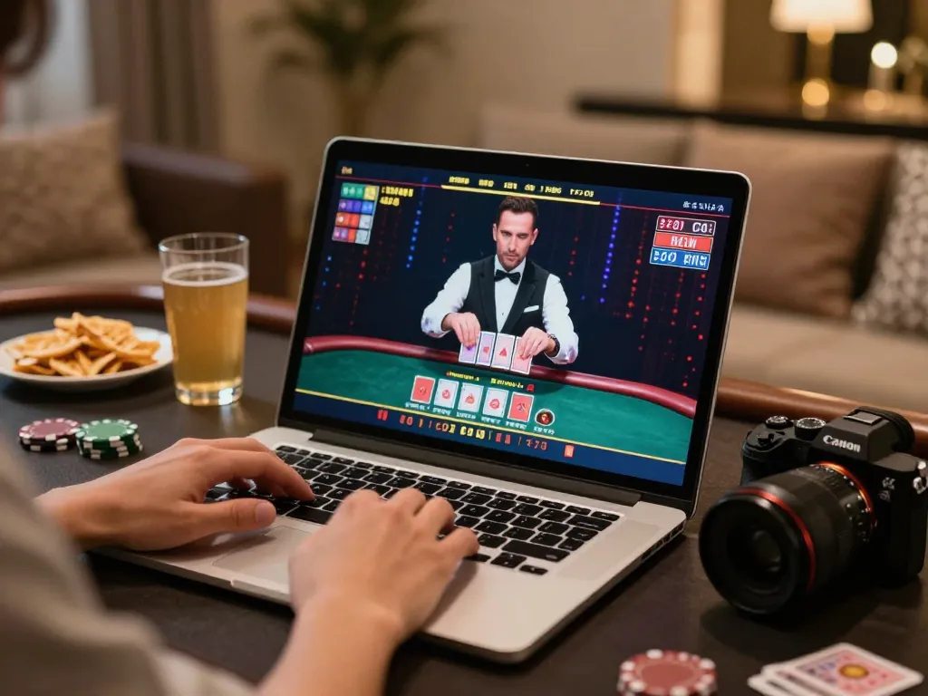 Rik vip player engaging in live dealer game on laptop, showcasing interactive online casino experience.