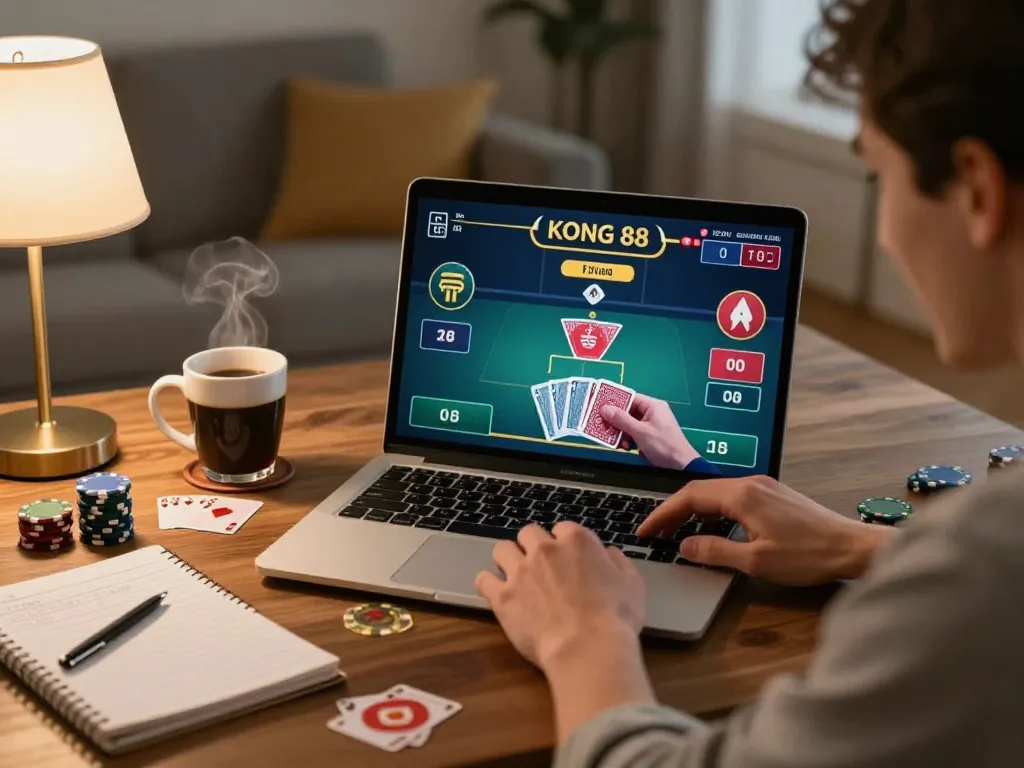 KONG 88 online poker gameplay at home, showcasing strategic betting and a cozy atmosphere.