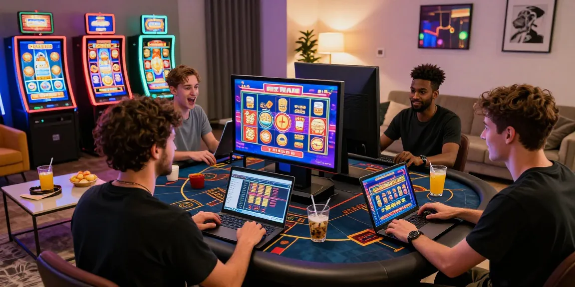 Players enjoying bonus buy slots at an online casino with vibrant slot machines and cozy atmosphere.