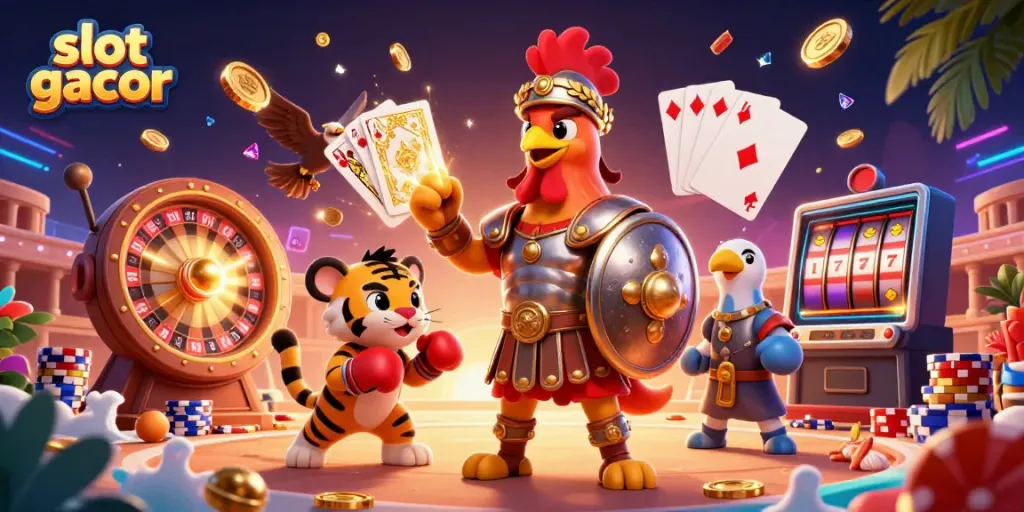 Slot gacor menampilkan ayam gladiator dan uang koin emas jatuh dalam ilustrasi 3D.