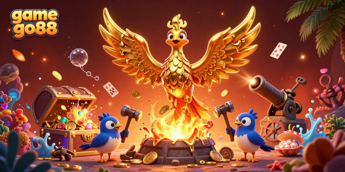 Engage in the thrilling game go88, featuring a molten phoenix and sparkling treasures in a vibrant gaming scene.