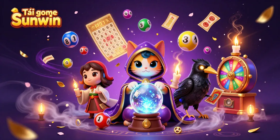 Tải game Sunwin with vibrant lottery elements, featuring a cat, raven, and candles in a dynamic casino scene.