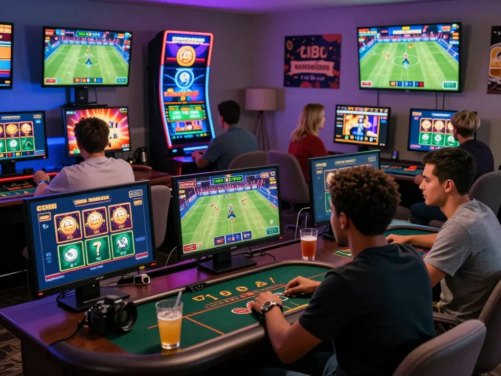 Engaging gambling scene showing players enjoying diverse gaming experiences on the GI8 platform, featuring sports betting and slot machines.