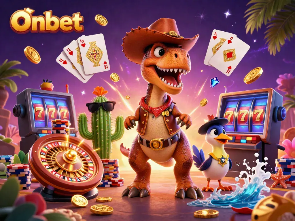 Experience thrilling games on Onbet with cartoon characters celebrating around casino elements.