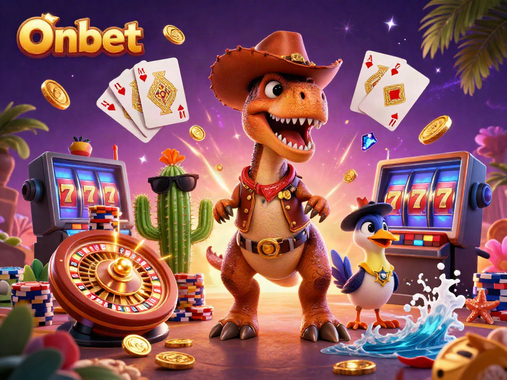 Experience thrilling games on Onbet with cartoon characters celebrating around casino elements.