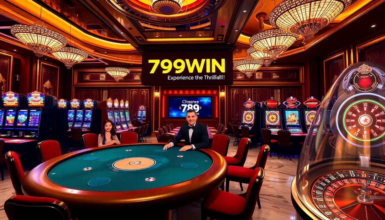 Engaging gamblers at 789WIN casino with luxurious poker and roulette tables in a vibrant setting.