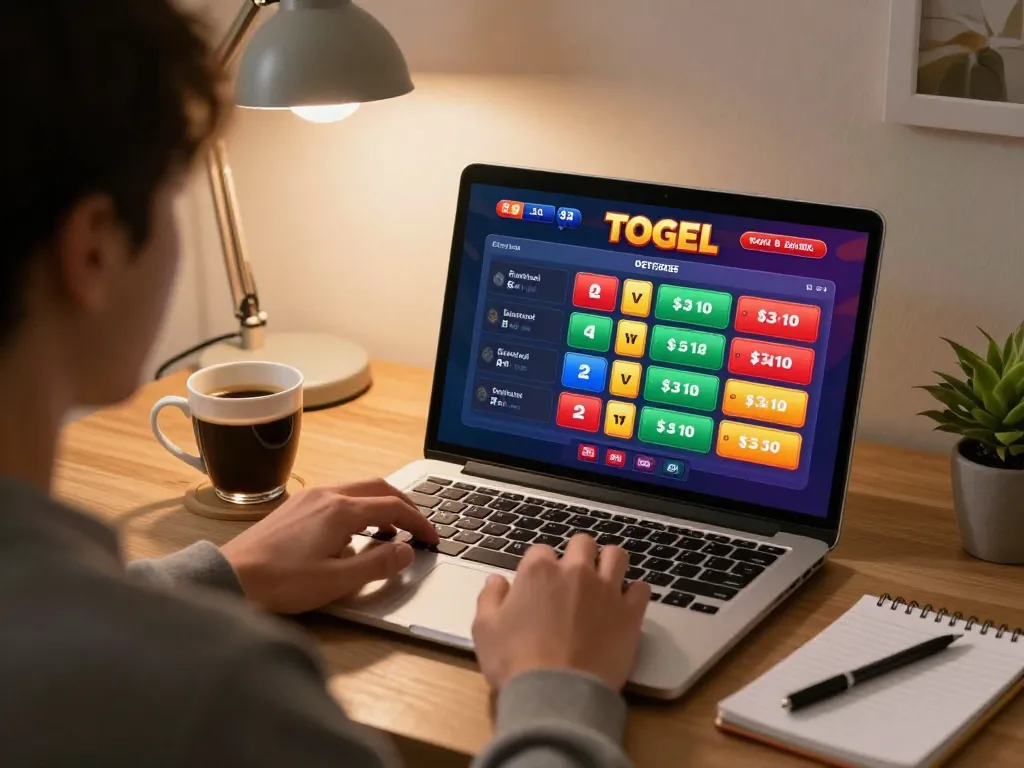 Player engaging with YowesJP Togel game interface on laptop, showcasing strategic betting in a cozy home setting.