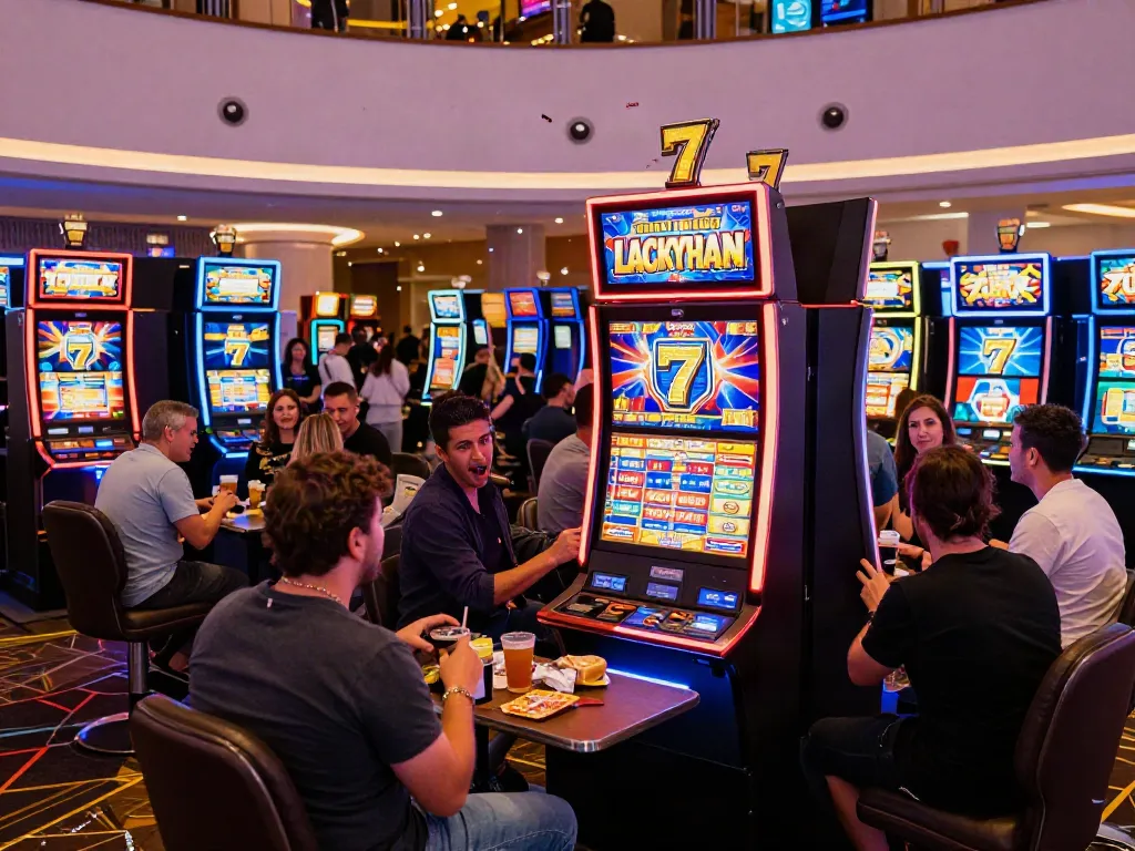 Lucky777 casino scene with players celebrating at the slot machine, vibrant atmosphere and colorful lights.