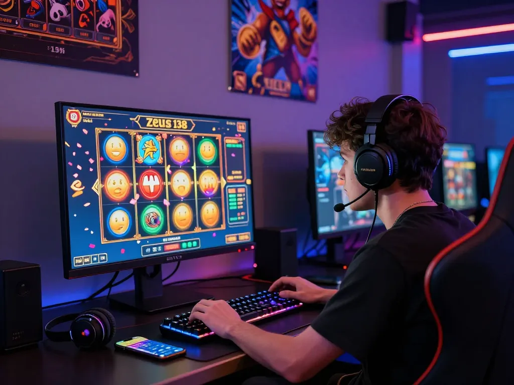 Engaged player at Zeus138 spinning slots on a vibrant gaming monitor.