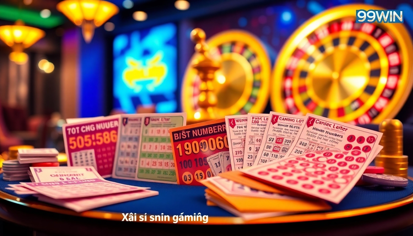 Experience thrilling action with Xổ số miền Bắc 99WIN bets on colorful lottery tickets and betting slips.