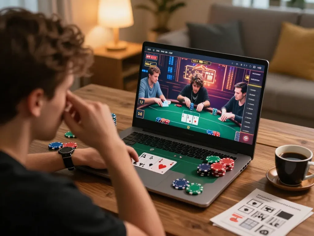 Player immersed in an online poker game at home, focusing on ok365's strategic interface.