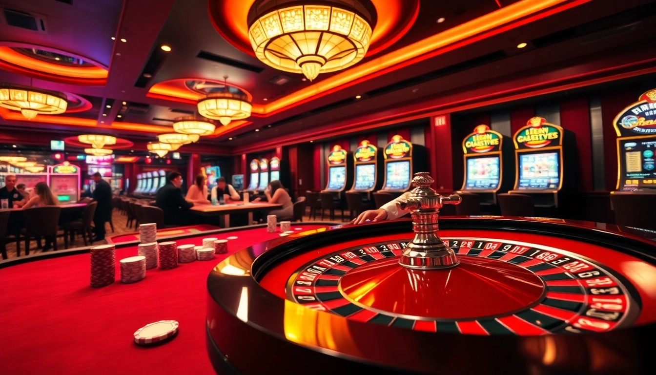 Players enjoying a casino experience at bk8th with a roulette table, poker chips, and slot machines.