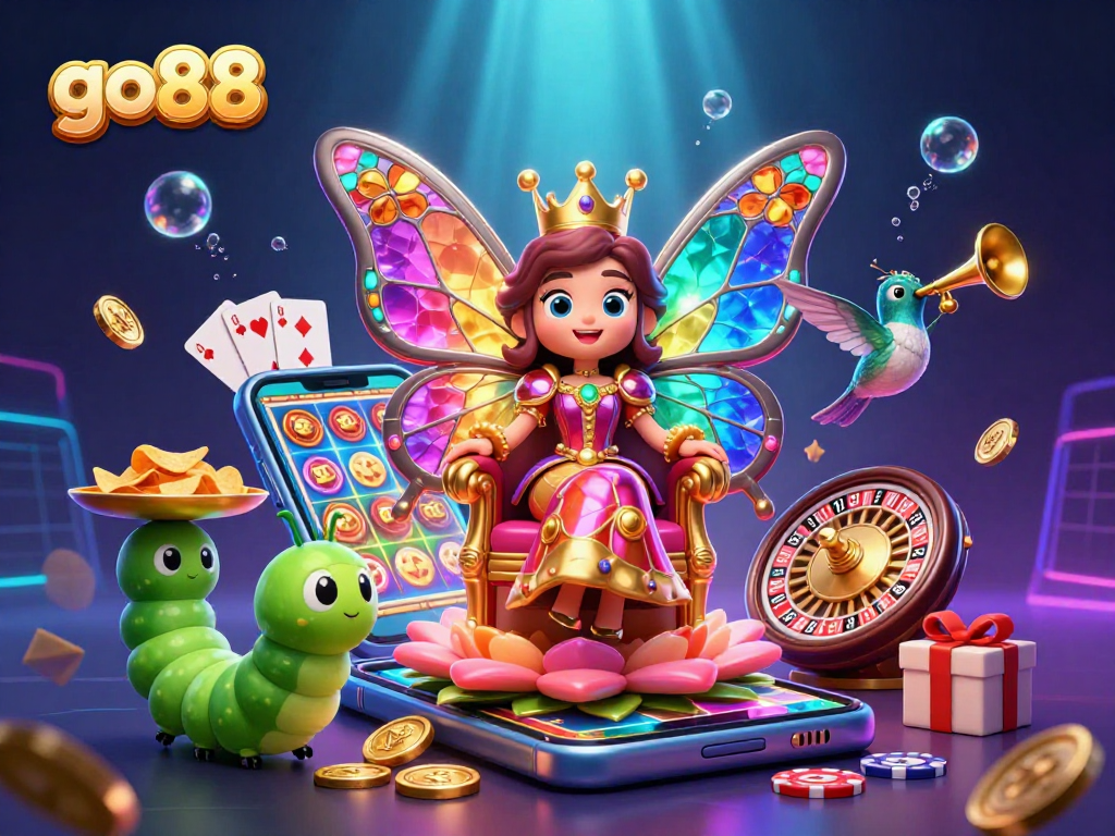 Experience thrilling gameplay with go88's vibrant 3D casino illustration featuring slots and gaming elements.