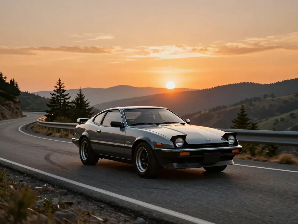 A80 platform Toyota Supra driving on a winding mountain road at sunset, showcasing its sleek design and performance.