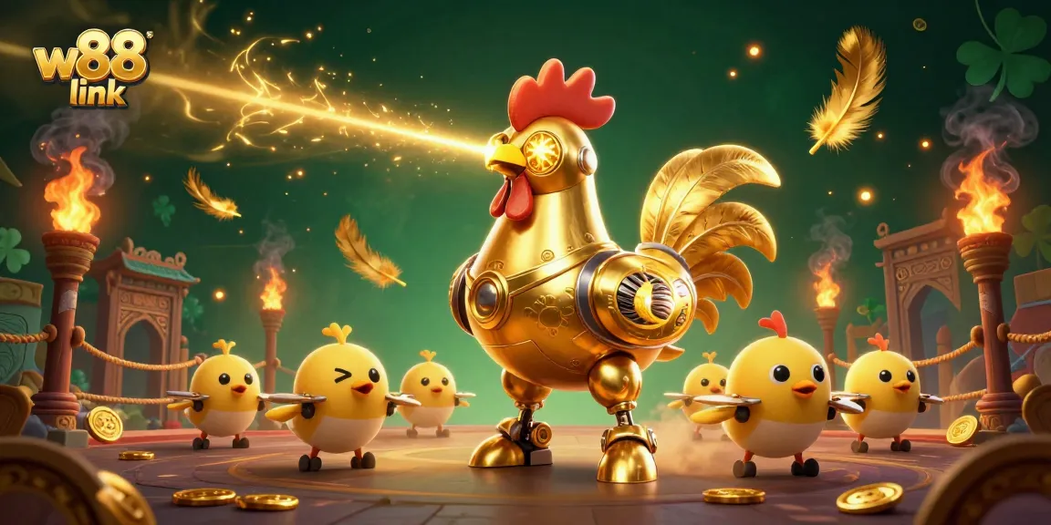 Experience the thrill with the w88 link in this dynamic 3D casino illustration featuring a golden rooster robot.