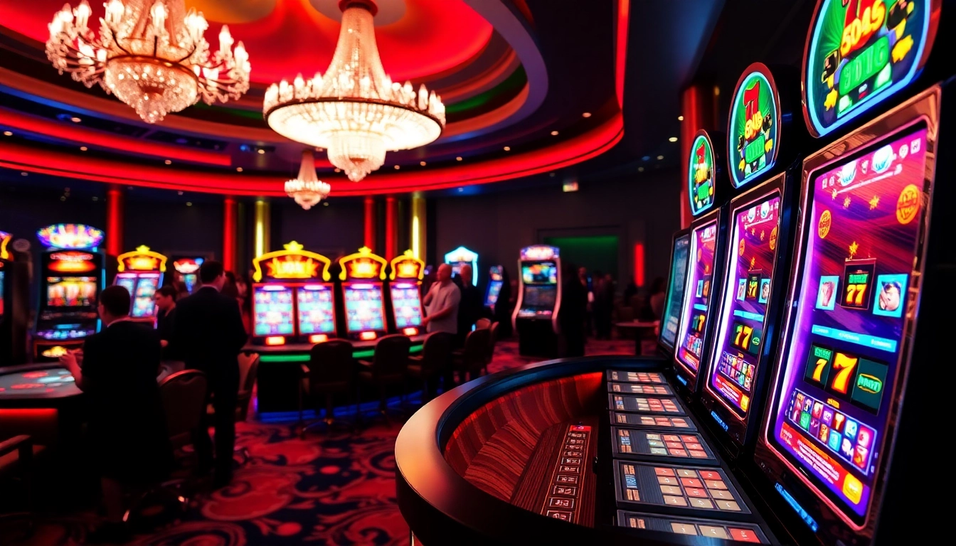 Experience the thrill of winstrike69 at a luxurious casino with vibrant slot machines and roulette tables.