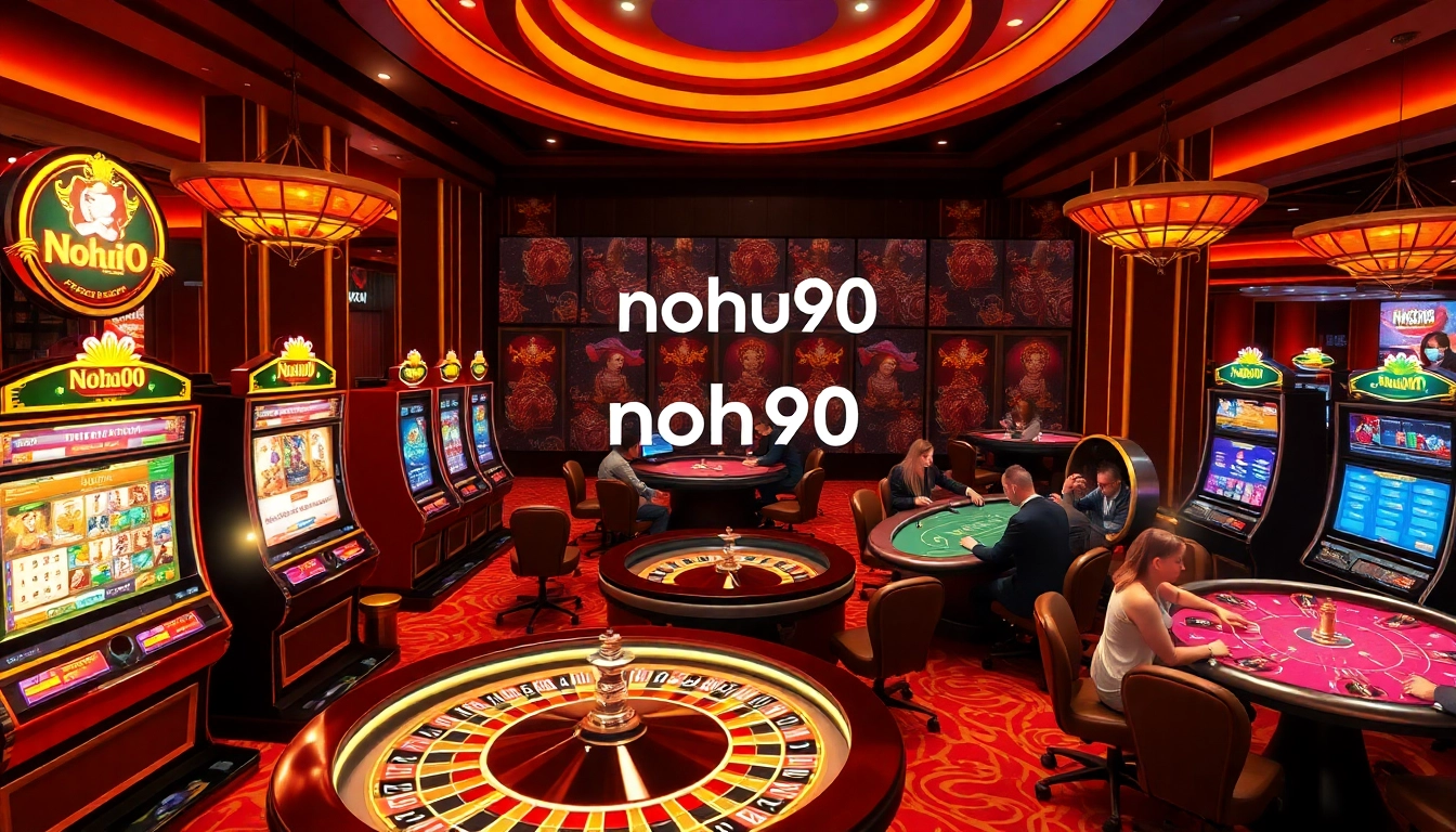 Nohu90 players enjoying an engaging online casino experience with vibrant slot machines and roulette tables.