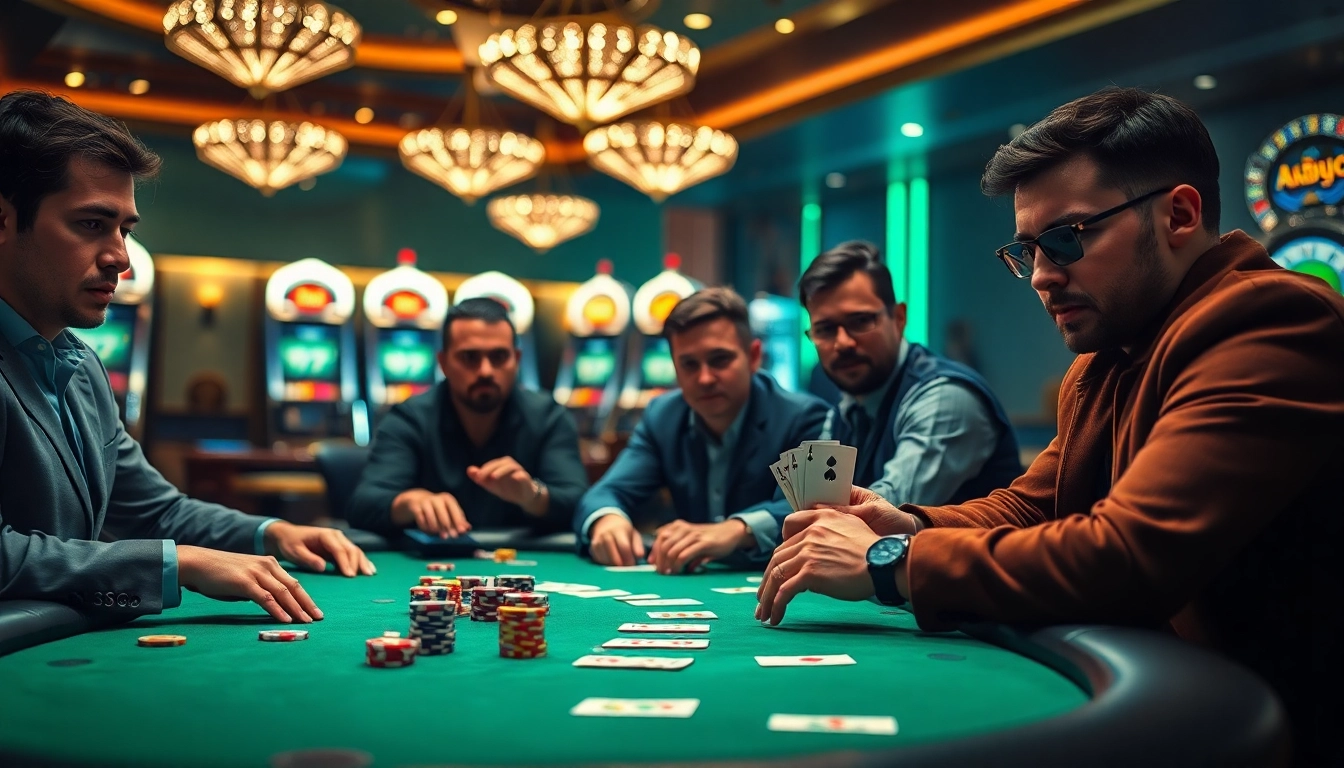 Intense poker game at a Casino table with players focusing on their winning hands.