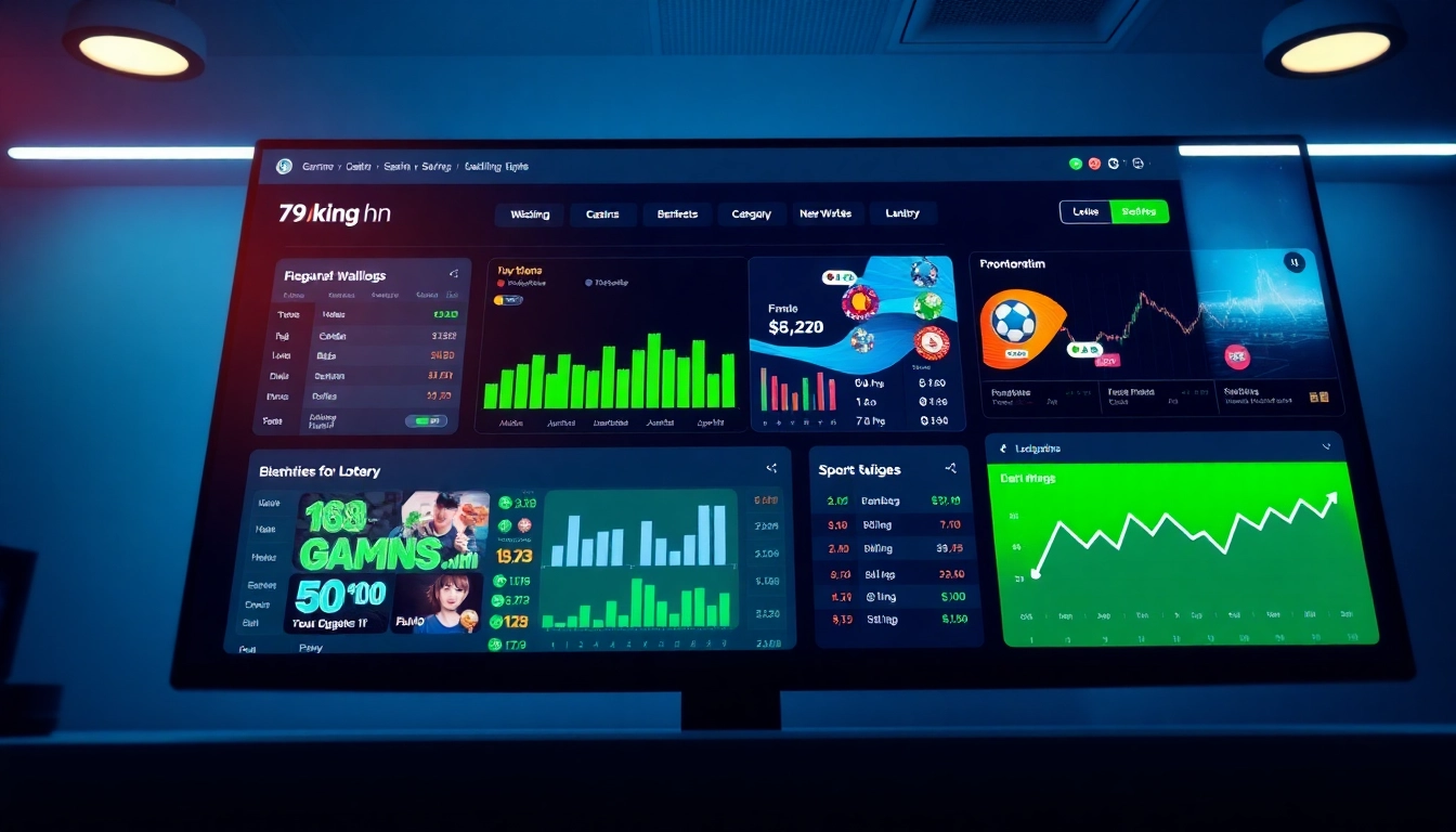 Betrokken dashboard van het 79king hn online gokplatform dat casino- en sportweddenschapselementen toont.