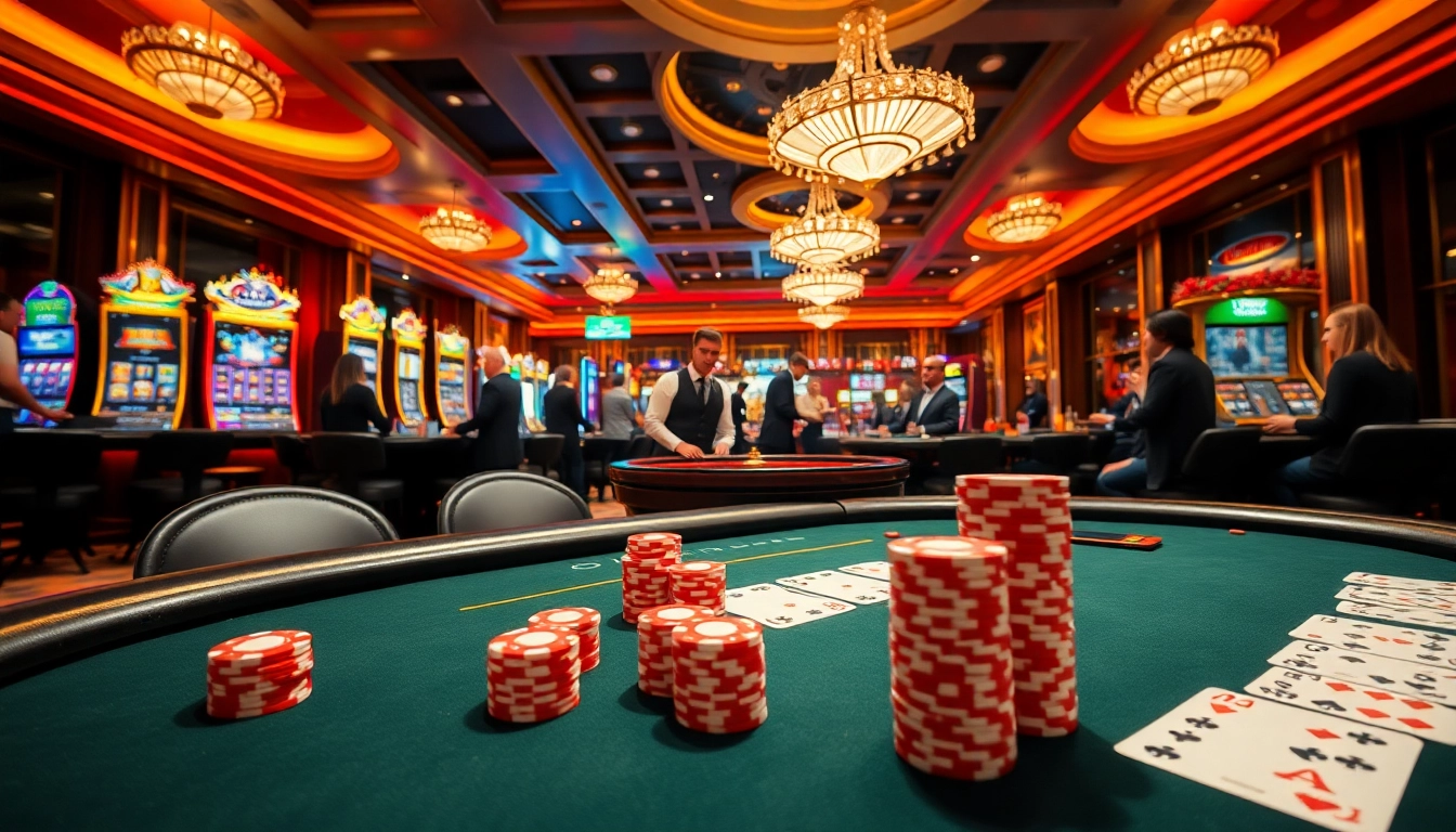 Experience the excitement of gambling at https://xx88.vin/ with an elegant poker table surrounded by vibrant gaming elements.