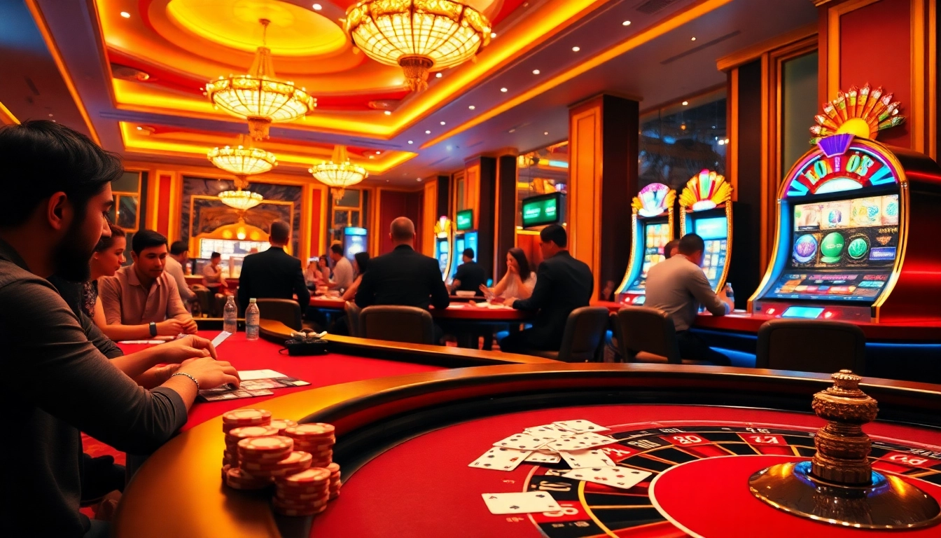 Hello88 casino atmosphere with players engaged in poker, roulette, and vibrant slot machines.