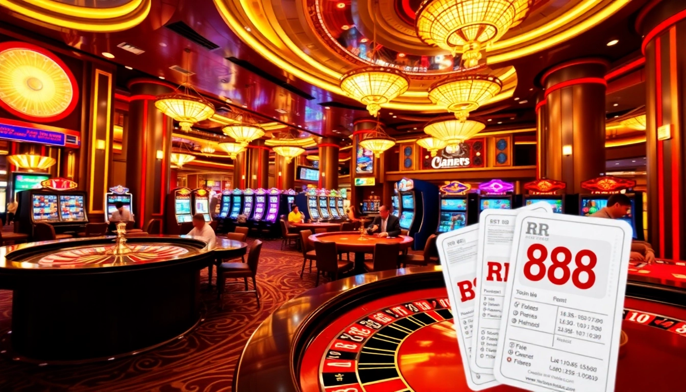 Experience the excitement of RR 88 with players at roulette and poker tables in a luxurious casino.