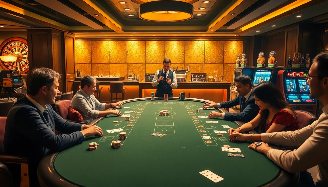 Adegan kasino yang menarik menampilkan meja bergaya dan suasana kafe yang memperlihatkan hidangan dari https://kingarthurcafe.com/menu.