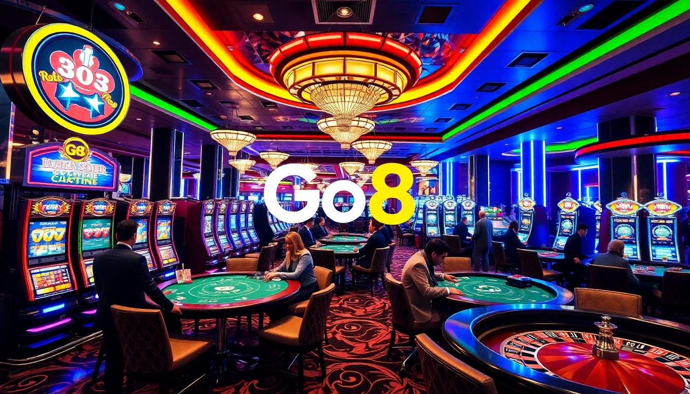 Experience the vibrant excitement of Go8 gaming with roulette wheels and poker tables.