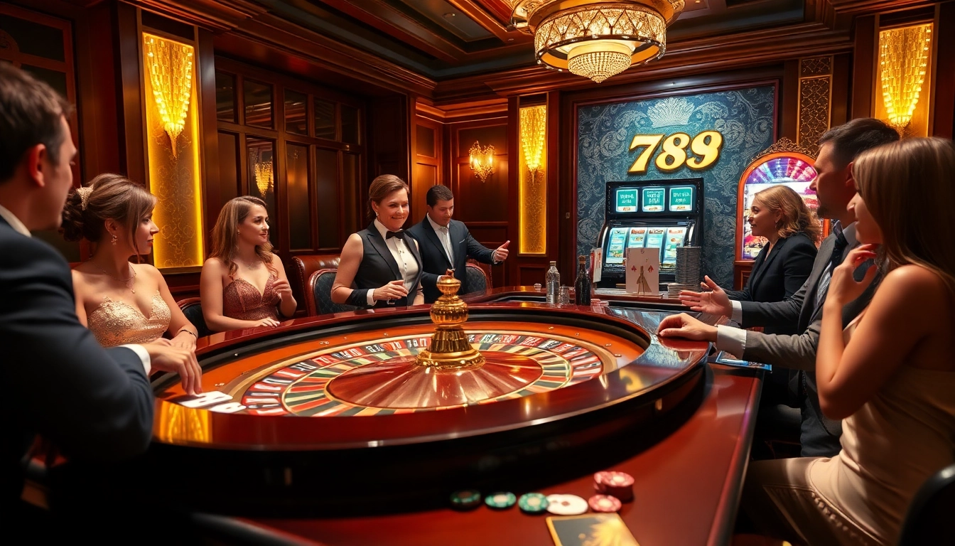 Experience the thrill of winning at 789 win with an elegant roulette table filled with excited players.