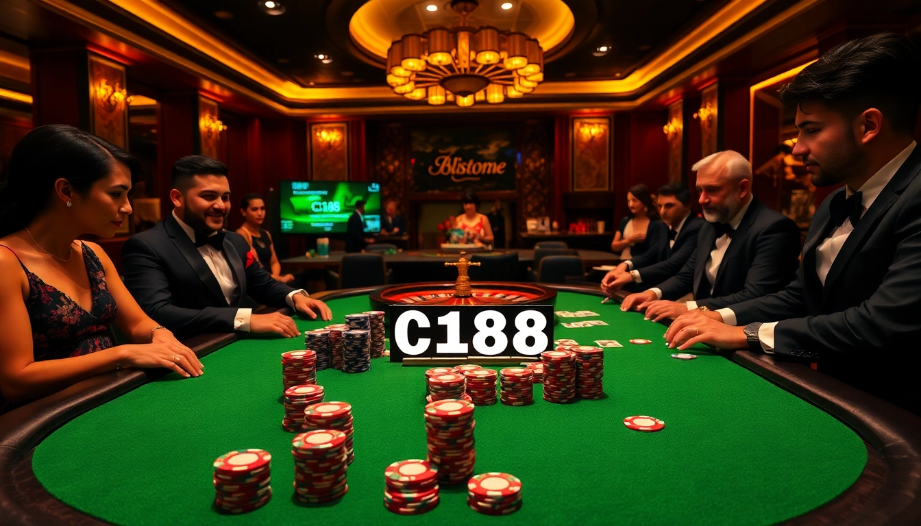 Players engaging in a heated poker game at a luxury casino featuring C168 promotions.
