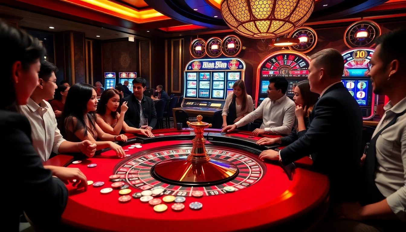 Players engaged in vibrant casino activities, showcasing the excitement of LIÊN MINH KJC.