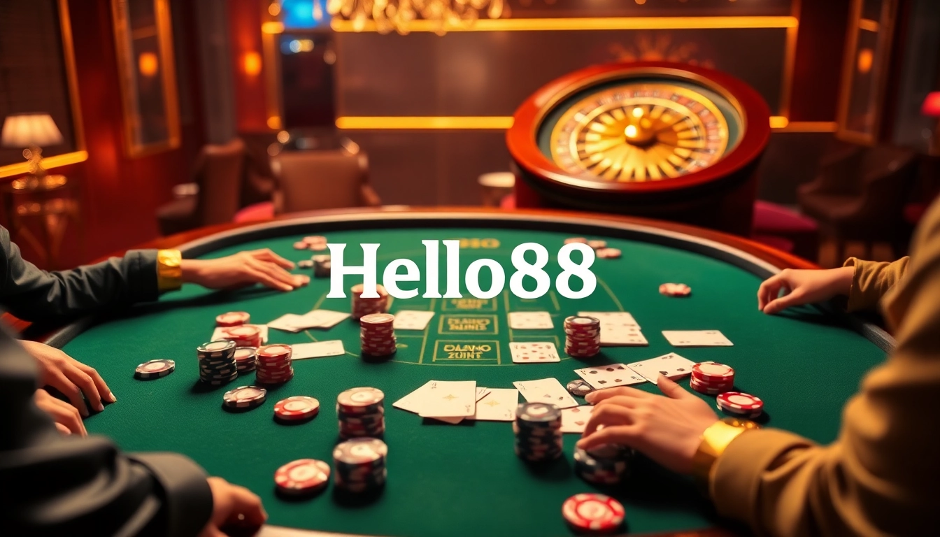 Hello88 players enjoying a thrilling poker game with vibrant chips and a roulette wheel.