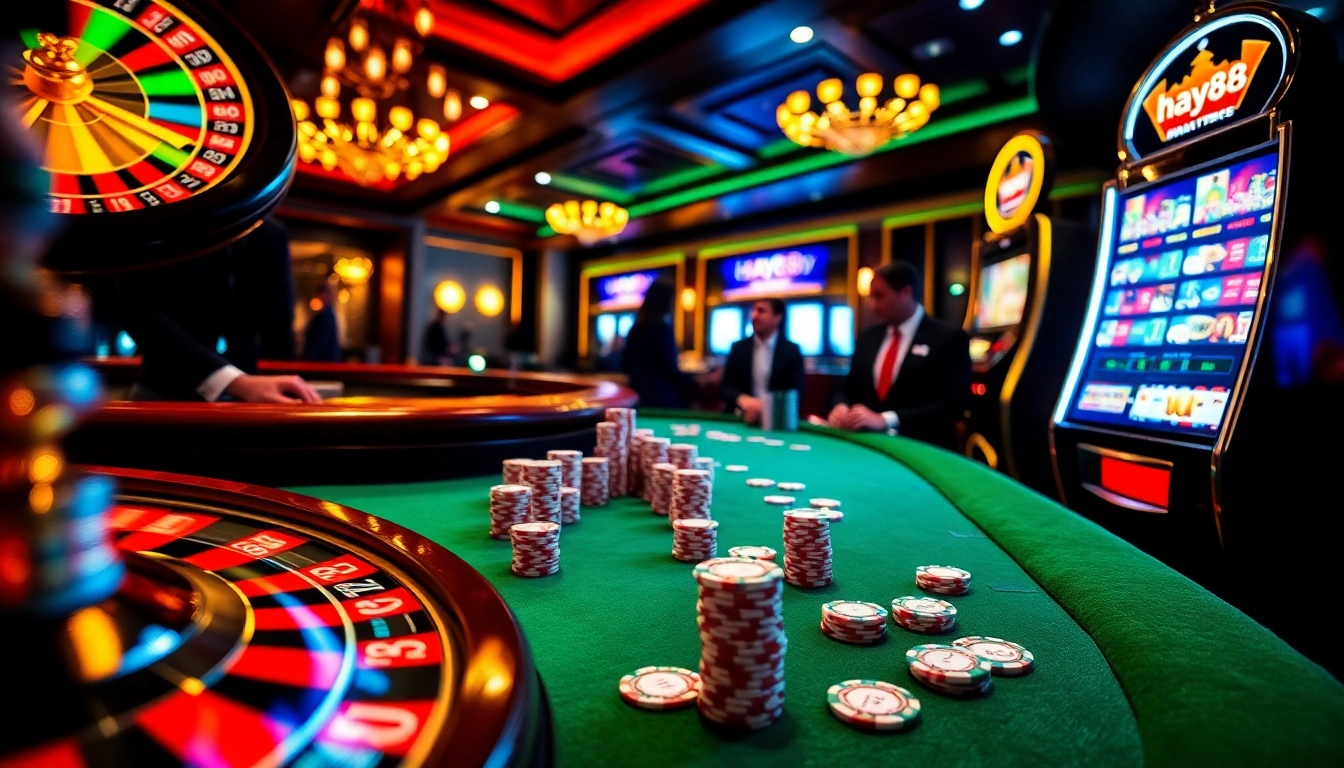 Experience excitement at hay88 with a vibrant roulette wheel and poker chips in a luxurious casino setting.