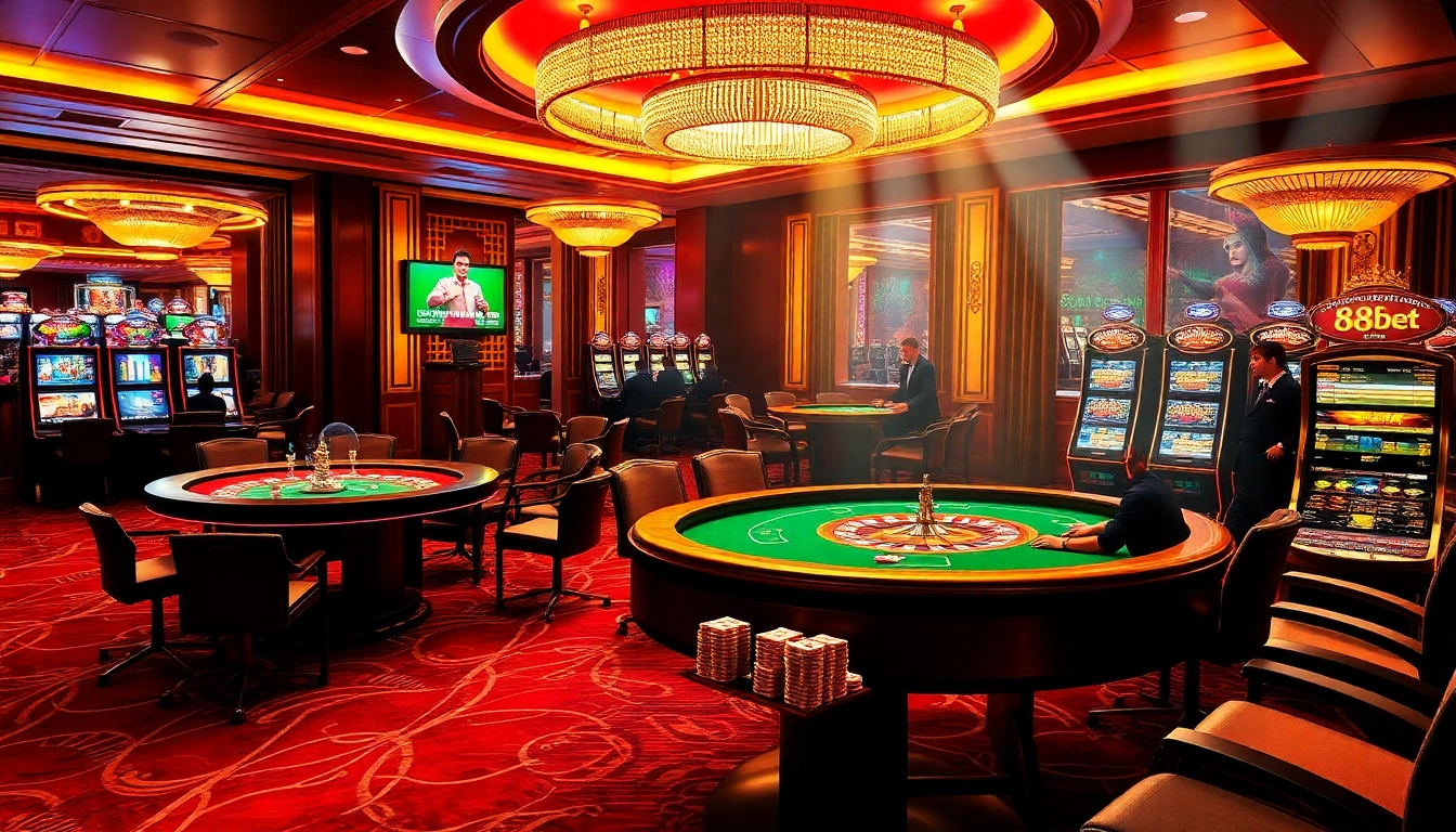 Engaging casino experience with players at 88bet poker tables and roulette.