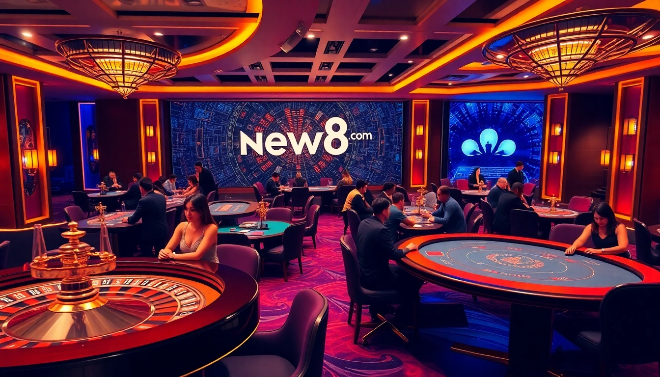 Experience thrilling games at new88 com with a vibrant casino scene showcasing roulette and poker tables.
