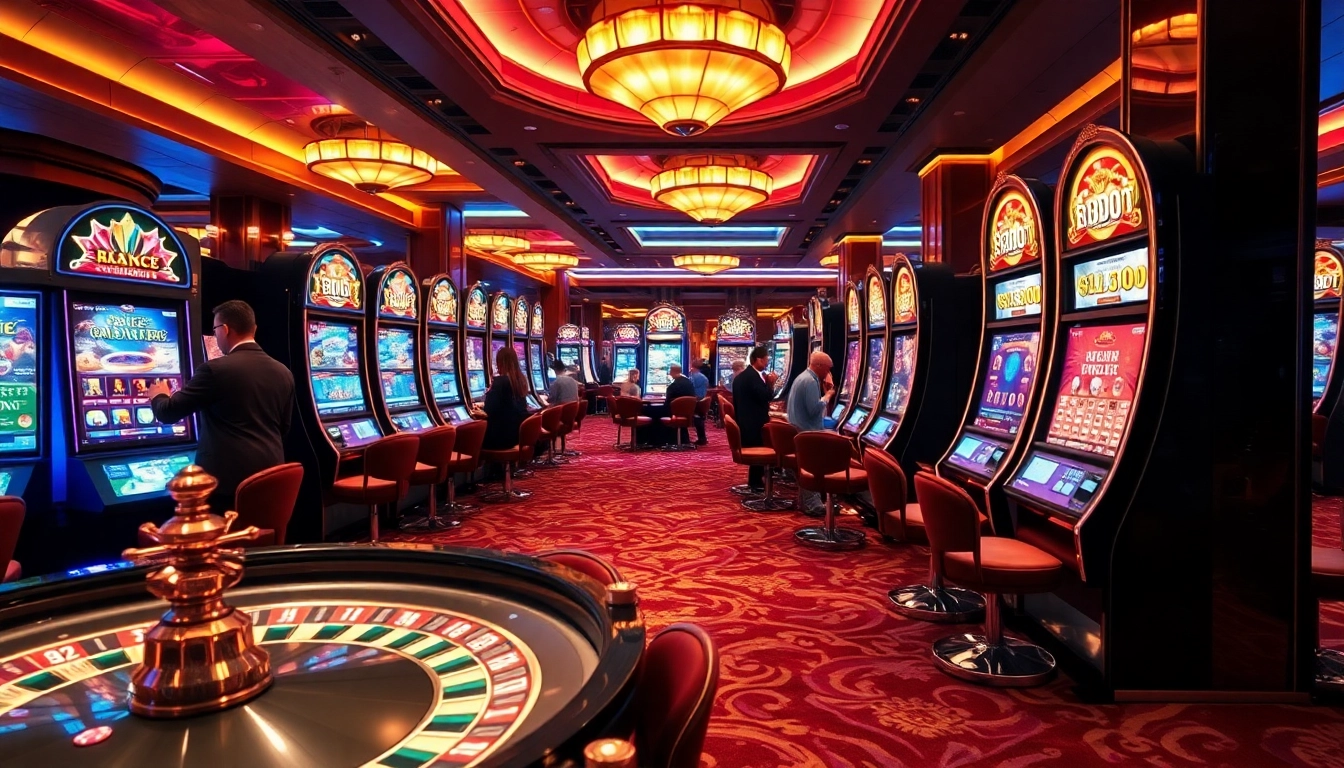 Excited players enjoying a luxurious 슬롯사이트 experience at modern slot machines in a vibrant casino.