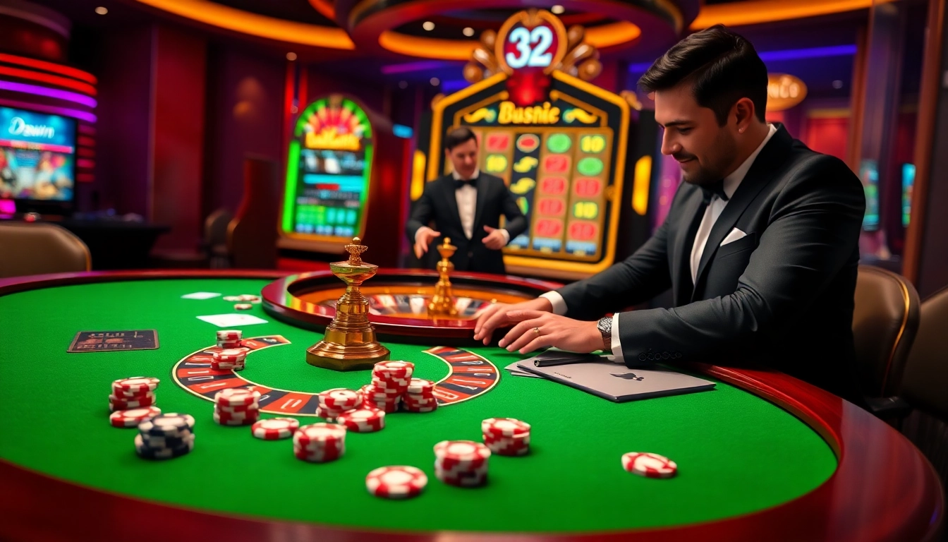Experience thrilling online gambling action at https://32win.capital with a vibrant casino scene featuring a dealer.