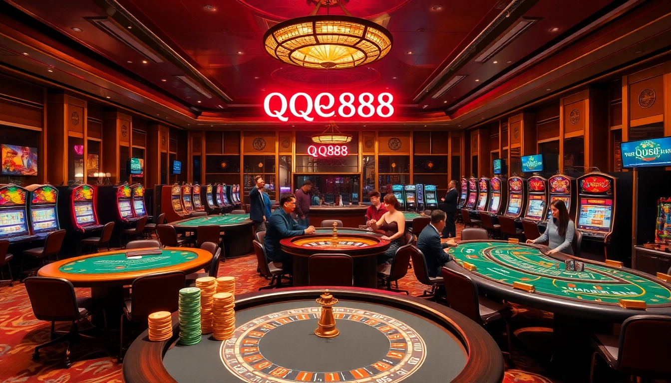 Players celebrating their wins at QQ888 casino tables filled with colorful chips and a lively atmosphere.