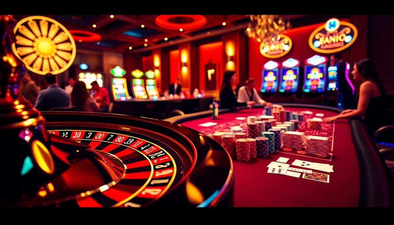 Experience the excitement of 888 new casino games at a vibrant gambling scene with roulette wheels and blackjack tables.