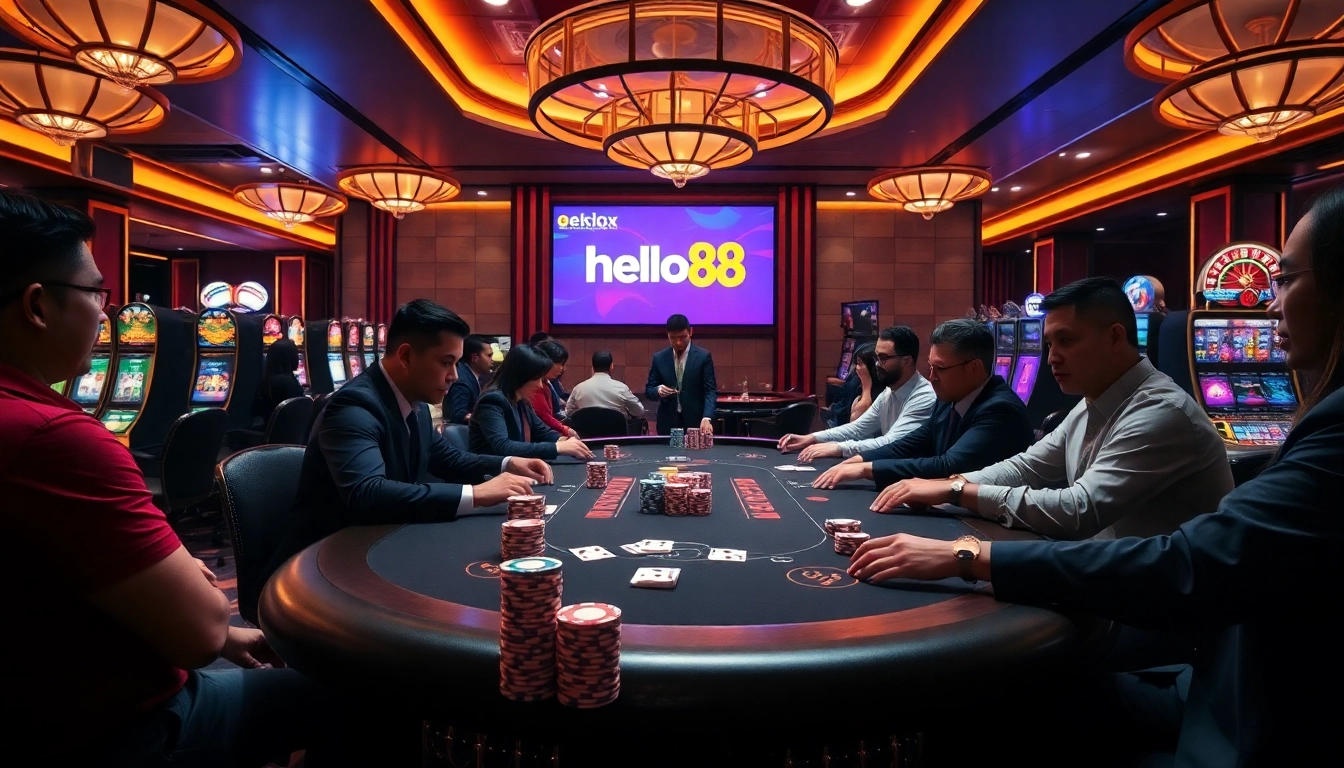 Players engaging in a thrilling poker game at Hello88 casino, showcasing vibrant chips and cards.