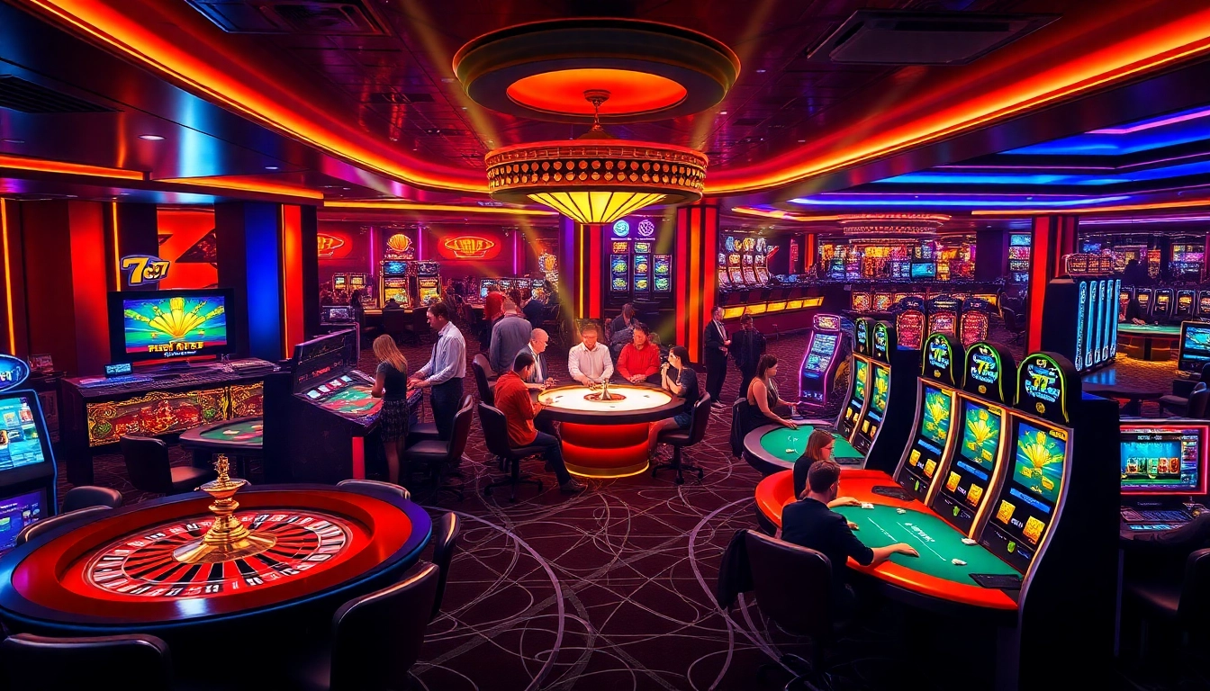 Engaging scene in a casino featuring 7C77's vibrant roulette wheel and lively blackjack action.
