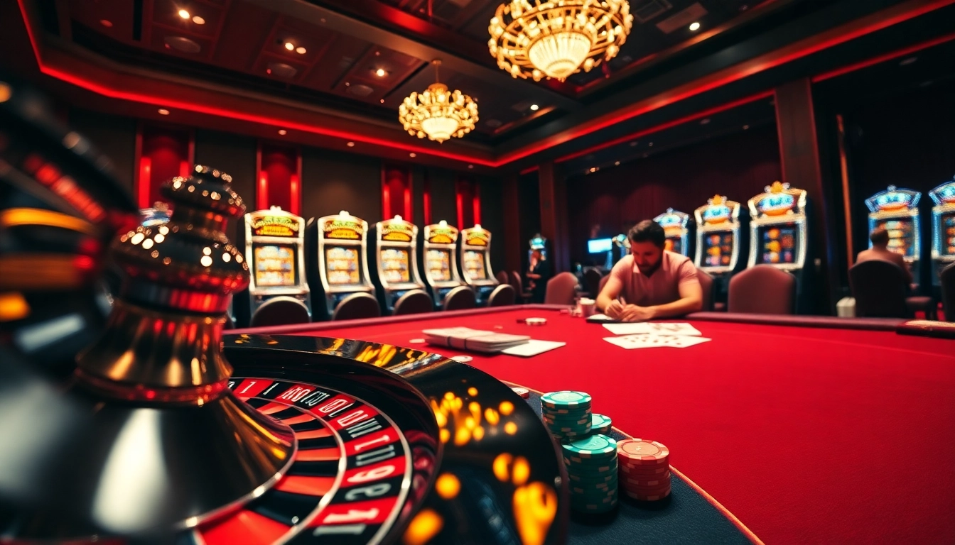 A vibrant casino scene showcasing a roulette wheel and pivotal poker game elements, highlighting boosterjp excitement.