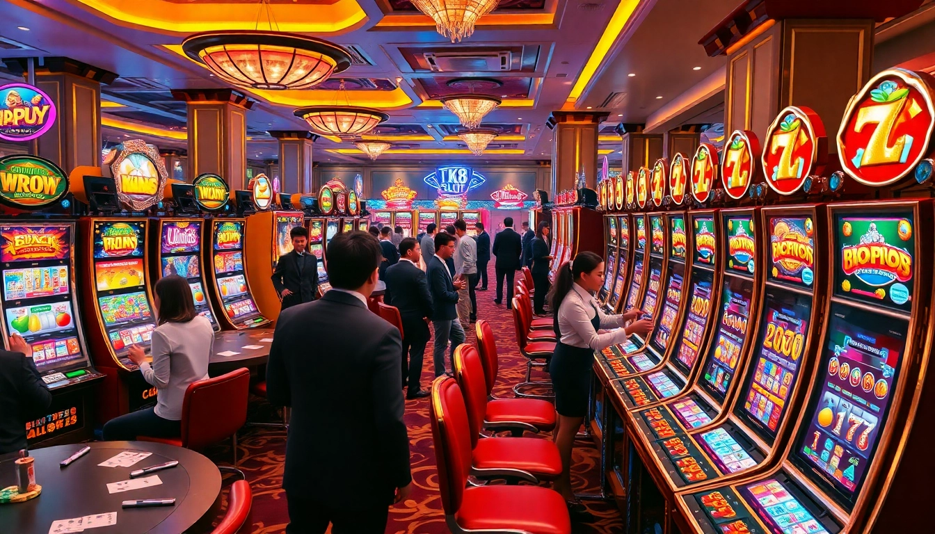 Players engaging with bk8 สล็อต machines in a vibrant casino atmosphere filled with excitement.