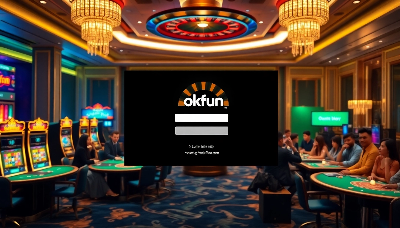 Excited gamblers using the đăng nhập okfun interface in a modern casino setting.